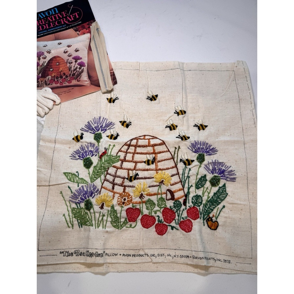 Vintage 1972 Avon The Bee Garden Crewel Embroidery Pillow Kit Cottagecore Retro